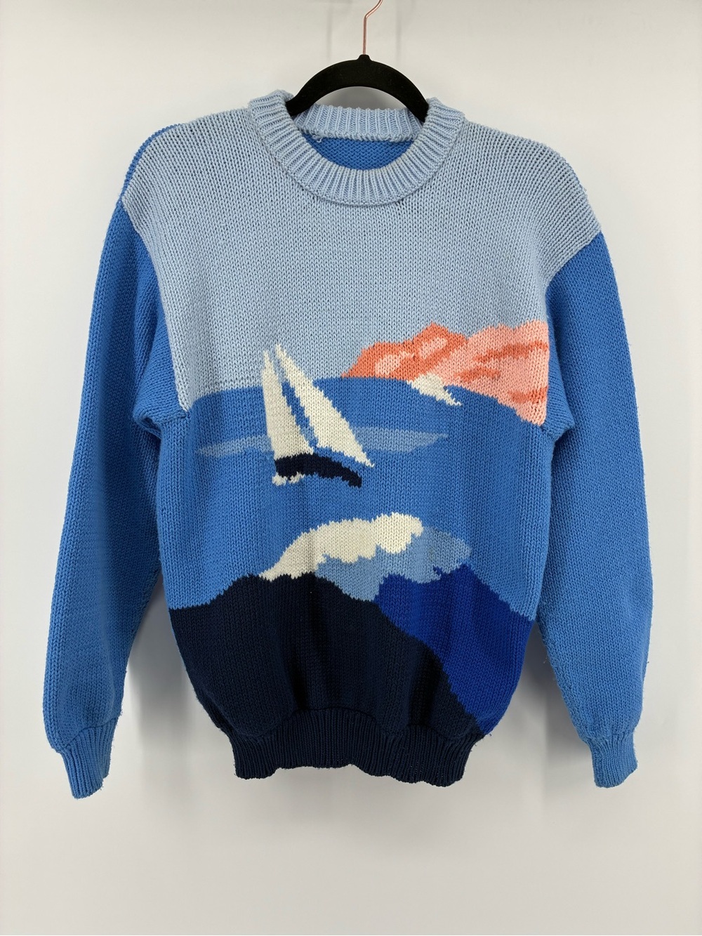 Vintage 80s Blue Scenic Sailboat Knit Sweater - Men